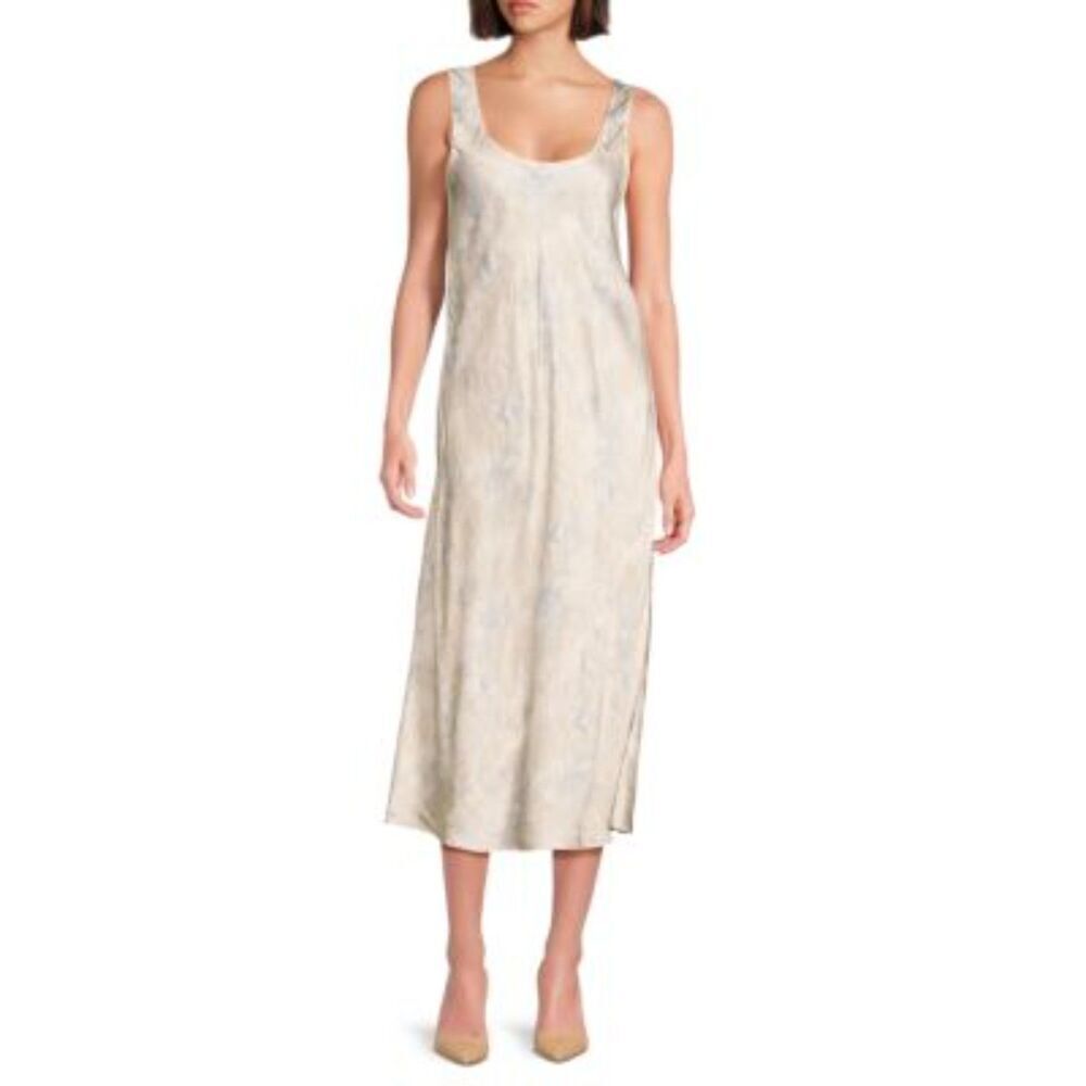 VINCE Ivory Gray Marble Print Lightweight Sleeveless Midi Slip Dress Size Large